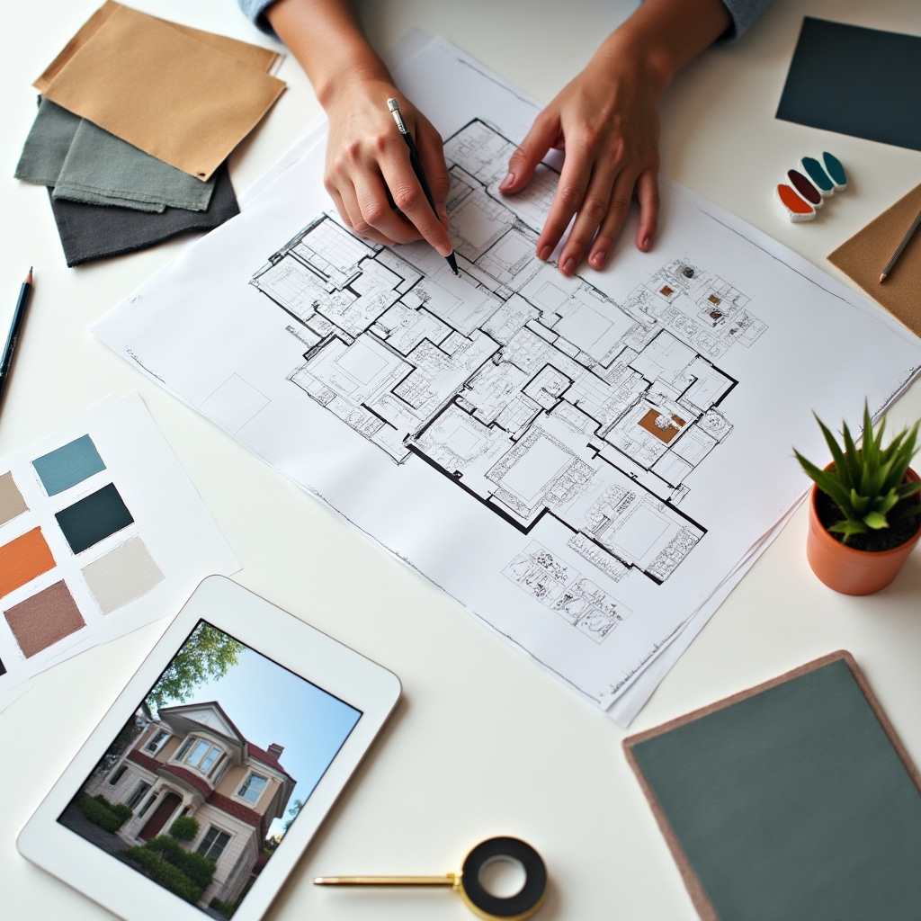 Design planning session with blueprints and color samples