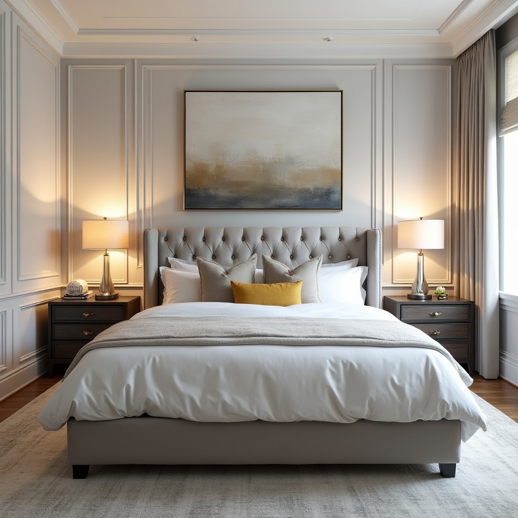 Igumbi lokulala elinobukhazikhazi elinefenisha enhle nokukhanya okuthambile