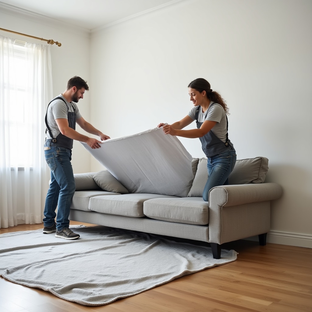 Professional team installing staging furniture and decor
